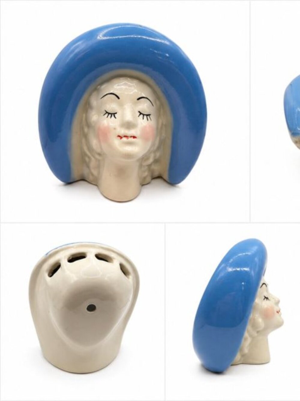 Vintage Ceramic Lady Head Planter Blue Bonnet Head Vase Napkin Holder Mid Centur